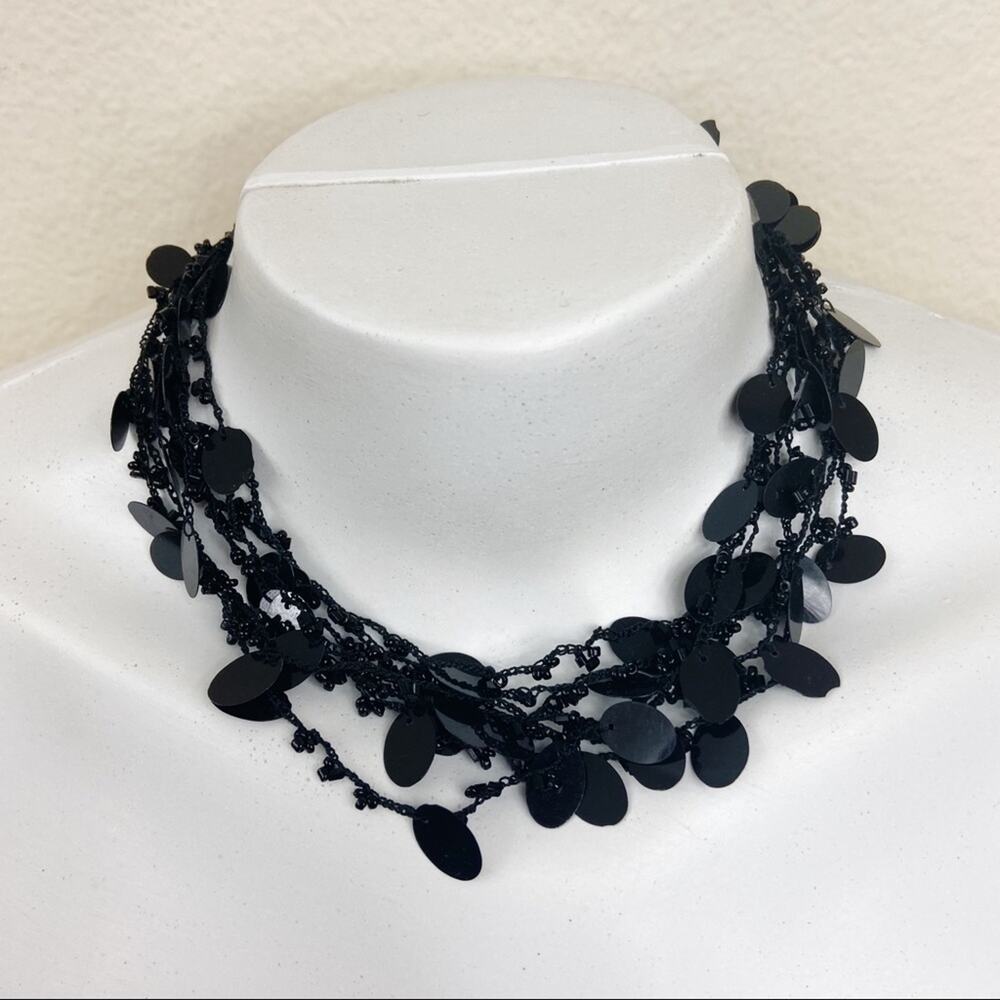 Black Oval Sequin Multi-strand Necklace 15-18”